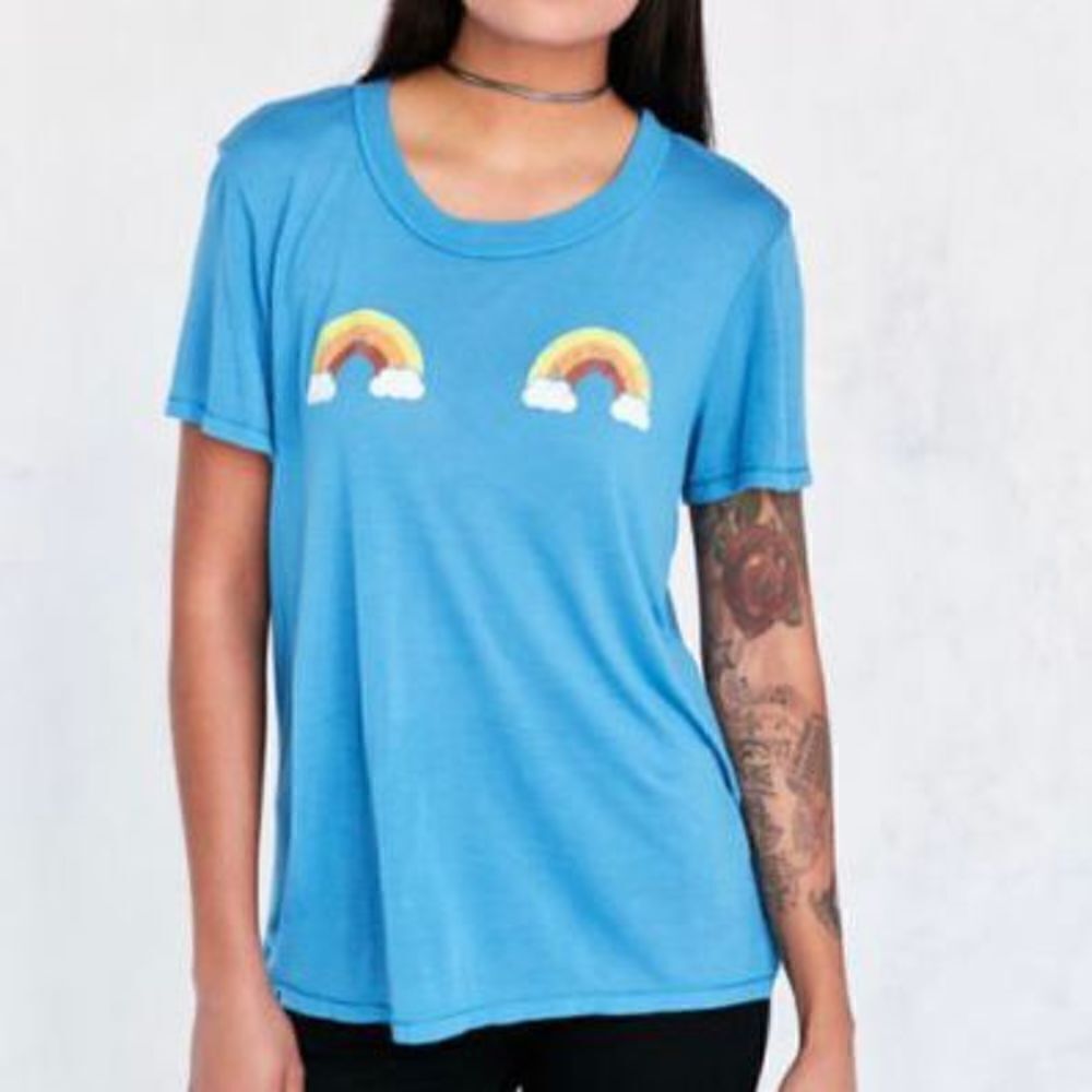 Urban Outfitters Truly Madly Deeply Blue Double Rainbow Graphic Tshirt Size Medi